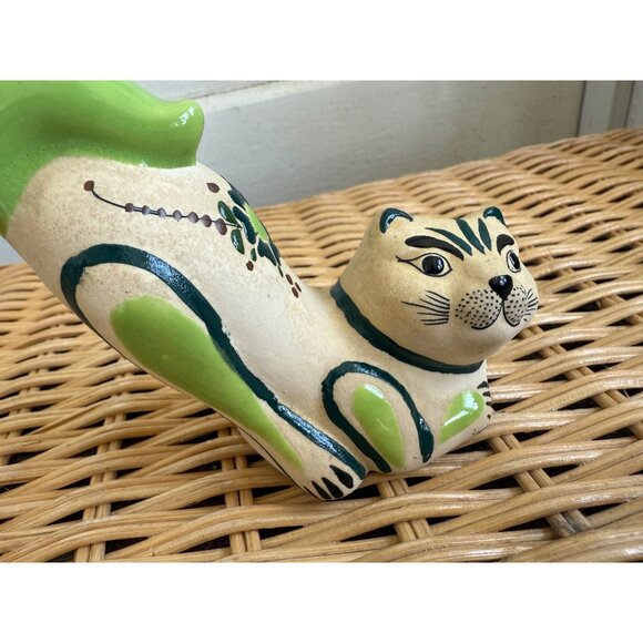 Vintage MCM Tonala Mexican Art Pottery Stretching Cat Kitty Hand Painted Floral - Picture 9 of 12